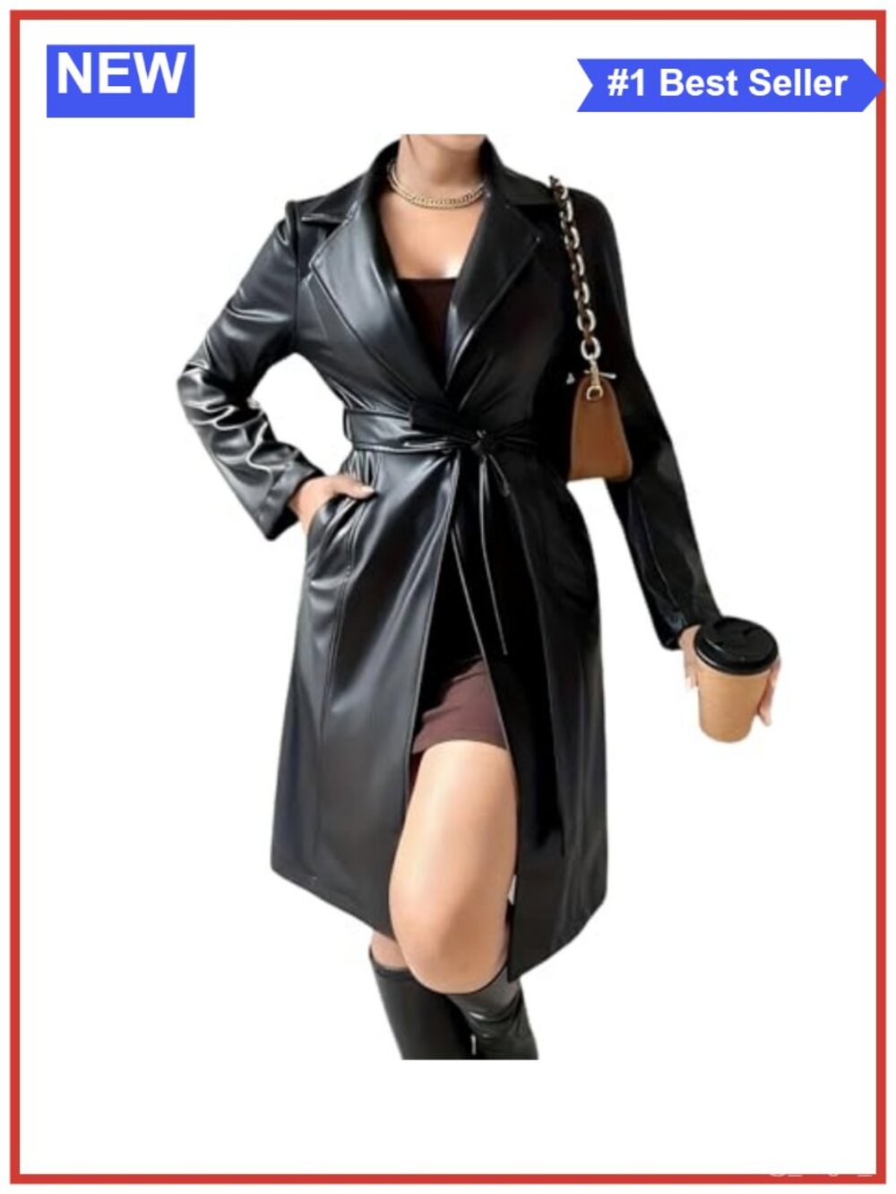 Women's PU Leather Trench Coat Long Sleeve Belted Moto Jacket